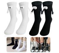 BNGXR 2 Paires Chaussettes Magnétique, Couple Tenant Les Mains Chaussettes, Couple de Poupée 3D à Ventouse Magnétique Drôle, Chaussette Tube Moyen (2 noir blanc)