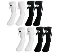 BNGXR 4 Paires Chaussettes Magnétique, Couple Tenant Les Mains Chaussettes, Couple de Poupée 3D à Ventouse Magnétique Drôle, Chaussette Tube Moyen (4 noir blanc)