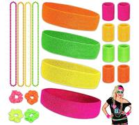 BNGXR Bandeau Fluo Annee Sportifs, 20 Pièces Sport Accessoire Bracelet Serre Poignet NéOn Serre Poignet Fluo Annees 80 Bracelets Colliers pour Homme Femme Carnaval Soirée (Rose Vert Orange Jaune)