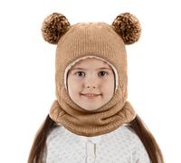 BNGXR Cagoule Bébé,2 en 1 Chaud Cache Oreilles Chapeaux Tricoté,Chaud Bébé Enfant Hiver Chapeaux Pompon Tricoté Chapeau Double Pompon Cagoule Balaclava pour Filles et Garçons - Brun