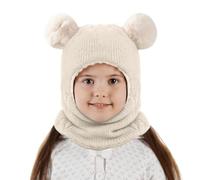 BNGXR Cagoule Bébé,Bonnet d'hiver Double Pompon,2 en 1 Chaud Cache Oreilles Chapeaux Tricoté,Enfant Double Pompon Cagoule Balaclava,Bonnet d'hiver Chaud,pour Filles et Garçons(Weiß)