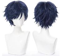 Bnhgc-Perruque Unisexe Bleu Marine Court Bob Anime Cosplay Pleine Couche Naturelle Cheveux Raides Duveteux Fête Costumée (Bleu Foncé)