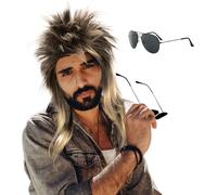 Bnhgo-Perruque Mulet Homme Des Années 80 Perruque Hippie Avec Lunettes De Soleil Pour Carnaval Halloween Hippie Deguisement Punk Gothique Rocker Kit Perruque Afro Style Disco 70's(Blonde)