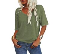 BnMvF T-Shirt Respirant à col en v pour Femmes 2025 - Haut Ample en mélange de Coton, t-Shirt Basique décontracté à Manches 3/4 pour Les Voyages (3TG,Vert armée)