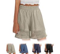 BnMvF Women's Elastic High Waist Lace Hollow Out Cotton Linen Shorts,Lace Trim Cotton Blend Lounge Pants with Pockets (TTG,Khaki)