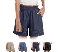BnMvF Women's Elastic High Waist Lace Hollow Out Cotton Linen Shorts,Lace Trim Cotton Blend Lounge Pants with Pockets (M,Dark Blue)