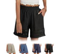 BnMvF Women's Elastic High Waist Lace Hollow Out Cotton Linen Shorts,Lace Trim Cotton Blend Lounge Pants with Pockets (Grand,Black)