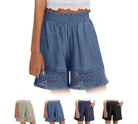 BnMvF Women's Elastic High Waist Lace Hollow Out Cotton Linen Shorts,Lace Trim Cotton Blend Lounge Pants with Pockets (M,Blue)