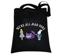BNQL Alice Gifts Sac fourre-tout avec citation « We are All Mad Here » Motif chat du Cheshire d'Alice Cadeau inspiré des contes de fées, Sac fourre-tout Alice, large