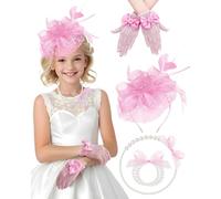 Bnsikun Ensemble bibi pour filles - Chapeaux et gants en dentelle - Collier de perles - Accessoires de mariage (rose)