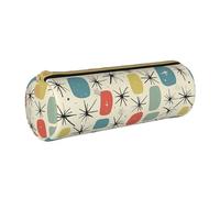 BNVSADC Atomic Trousse à crayons ronde en cuir Motif étoiles rétro Pour l'école, le bureau, les voyages, blanc, Taille unique, Trousse de maquillage
