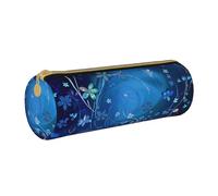 BNVSADC Mini trousse à crayons ronde en cuir avec imprimé tourbillon de fleurs bleues pour l'école, le bureau, les voyages, blanc, Taille unique, Trousse de maquillage