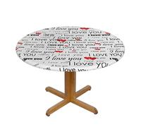 BNVSADC Nappe ronde imprimée avec inscription « I Love You » avec des cœurs et bords élastiques, S (122 cm de diamètre), polyester résistant à l'eau, nappe de table de salle à manger, décoration de