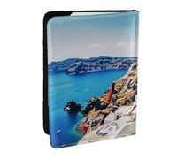 BNVSADC Santorini Étui de passeport en similicuir avec vue sur la mer Motif île grecque 16,5 cm, Noir , Taille unique, Moderne