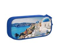 BNVSADC Santorini Grande trousse à crayons imprimée avec vue sur la mer sur l'île grecque - Jolie trousse à crayons - Organiseur de papeterie pour filles et garçons - Noir, bleu, Taille unique