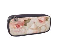 BNVSADC Tasses à thé avec roses romantiques en cuir imprimé shabby chic trousse à crayons et trousse de maquillage - Trousse élégante pour l'école, le bureau, les voyages, Noir , Taille unique