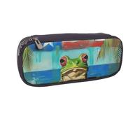 BNVSADC Trousse à crayons en cuir imprimé drapeau de Porto Rico grenouille palmiers et trousse de maquillage - Trousse élégante pour l'école, le bureau, les voyages, Noir , Taille unique, Trousse de