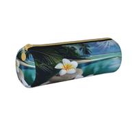 BNVSADC Trousse à crayons ronde en cuir avec imprimé de fleurs tropicales et de pierres zen, pour l'école, le bureau, les voyages, blanc, Taille unique, Trousse de maquillage