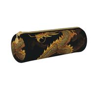 BNVSADC Trousse à crayons ronde en cuir avec imprimé dragon jaune doré chinois pour l'école, le bureau, les voyages, blanc, Taille unique, Trousse de maquillage