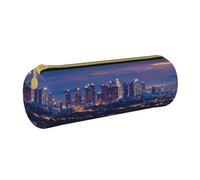 BNVSADC Trousse à crayons ronde en cuir avec imprimé Los Angeles Skyline - Pour l'école, le bureau, les voyages, blanc, Taille unique, Trousse de maquillage