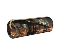 BNVSADC Trousse à crayons ronde en cuir avec imprimé New York Manhattan Bridge Night pour l'école, le bureau, les voyages, blanc, Taille unique, Trousse de maquillage