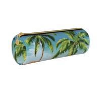 BNVSADC Trousse à crayons ronde en cuir avec imprimé palmier tropical pour l'école, le bureau, les voyages, blanc, Taille unique, Trousse de maquillage