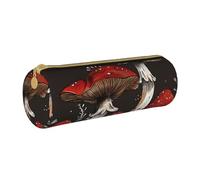 BNVSADC Trousse à crayons ronde en cuir avec motif champignons rouges pour l'école, le bureau, les voyages, blanc, Taille unique, Trousse de maquillage