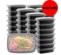 Bo?tes de repas jetables avec couvercle, bo?tes de préparation de repas réutilisables, noires, rectangulaires, 600 ml, 50 ensembles, 600 ml, 50 ensembles.