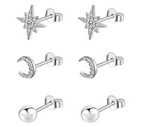 Bo Win 3 Paires Boucles d'oreilles en Argent 925 Boucles d'oreilles Étoile Boucles d Oreilles Lune Clous d'oreilles Boule en Argent Femme Boucles d'oreilles Argent pour Femme Fille