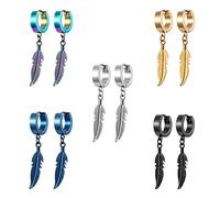 Bo Win 5 Paires Acier Inoxydable Boucles d'oreilles Plume pour Homme Femme, Boucles d'oreilles Homme Anneau, Boucles d'oreilles Pendantes, Boucle d'oreille Creole Homme Femme Argento Or Noir 14MM