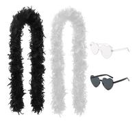 Boa à plumes blanc et noir, lot de 4 paires de lunettes de soleil en forme de cœur et plumes de 2 mètres de long pour fêtes, mariages et costumes