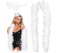 Boa en Plumes Blanc et Lunettes - Set Accessoire Charleston - Parfait pour Mariage, Soirée Gatsby et Déguisement Carnaval