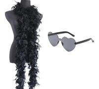 Boa en plumes colorées de 1,8 m avec lunettes de soleil en forme de cœur, écharpe délicate, plumes de dinde pour fête, Noël, spectacles de danse, mariages et carnaval - Noir