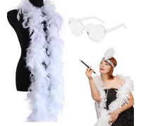 Boa en plumes colorées de 1,8 m avec lunettes de soleil en forme de cœur, écharpe délicate, plumes de dinde pour fête, Noël, spectacles de danse, mariages et carnaval - Blanc