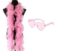 Boa en plumes colorées de 1,8 m avec lunettes de soleil en forme de cœur, écharpe délicate, plumes de dinde pour fête, Noël, spectacles de danse, mariages et carnaval - Rose