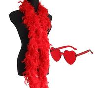 Boa en Plumes Colorées Et Lunettes De Soleil - 2 Pièces Accessoires De Fête pour Mariage, Déguisement, Tournée d'Amour, Enterrement De Vie De Jeune Fille - Rouge