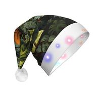 BOAIHH Chapeau de Père Noël LED en peluche pour forêt tropicale tropicale avec imprimé feuilles de palmier doux clignotant accessoire de fête