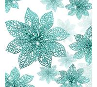 Boao 24 Pièces Fleur Artificielle Poinsettia Glitter Ornement d'arbre de Noël en Plastique Suspendu Traditionnel avec Paillettes (Bleu-Vert)