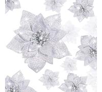 BOAO 24 Pièces Poinsettia Scintillant Fleurs de Noël Artificielles Décorations de Poinsettia Ornements d’Arbre de Noël Mariage, 3/4/6 Pouces (Argent)