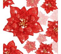 BOAO 24 Pièces Poinsettia Scintillant Fleurs de Noël Artificielles Décorations de Poinsettia Ornements d’Arbre de Noël Mariage, 3/4/6 Pouces (Rouge)