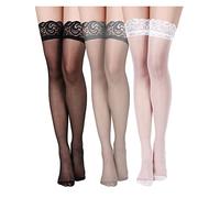 Boao 3 Paires Bas Hauts de Cuisse en Dentelle Collants Bas en Soie (Noir, Blanc, Gris, S-M)