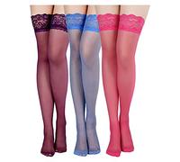 Boao 3 Paires Bas Hauts de Cuisse en Dentelle Collants Bas en Soie (Rose Rouge, Bleu Royal, Violet, S-M)