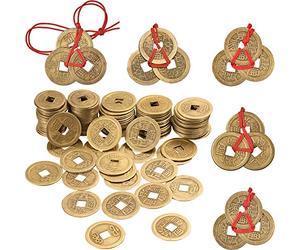 BOAO 50 Pièces Feng Shui Chinois I Ching Coins, 5 Ensembles Pièces de Fortune avec des Cordes Rouges pour la Richesse et Bonne Chance, Ornement Suspendu en Bronze pour Feng Shui, Nouvel an