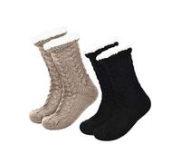 Boao Lot de 2 paires de chaussettes de Noël chaudes pour femme - Doublées en polaire - Antidérapantes, Noir et café, Medium/Large