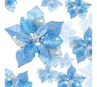 Boao Lot de 24 Fleurs de Poinsettia artificielles à Paillettes pour Mariage, Sapin de Noël, Nouvel an (Bleu)