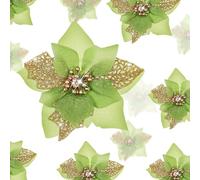 Boao Lot de 24 Fleurs de Poinsettia artificielles à Paillettes pour Mariage, Sapin de Noël, Nouvel an (Vert)