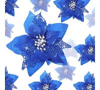 BOAO Lot de 24 Fleurs de Poinsettia artificielles à Paillettes pour Mariage, Sapin de Noël, Nouvel an, décoration (Bleu Roi)