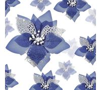 BOAO Lot de 24 Fleurs de Poinsettia artificielles à Paillettes pour Mariage, Sapin de Noël, Nouvel an (Bleu Marine)