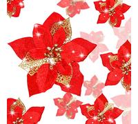Boao Lot de 24 Fleurs de Poinsettia artificielles à Paillettes pour Mariage, Sapin de Noël, Nouvel an (Rouge)