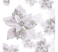 Boao Lot de 24 Fleurs de Poinsettia artificielles à Paillettes pour Mariage, Sapin de Noël, Nouvel an (argenté)